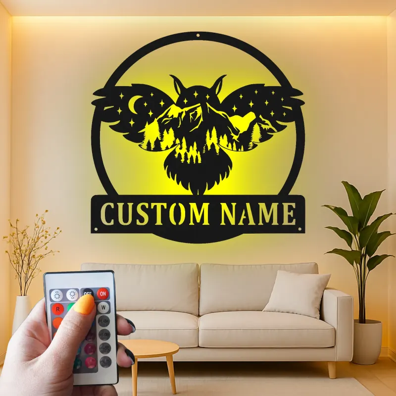 Insegna in metallo personalizzata con gufo | Insegna LED retroilluminata con nome per baita | Silhouette di gufo reale personalizzata, regalo per amanti della natura