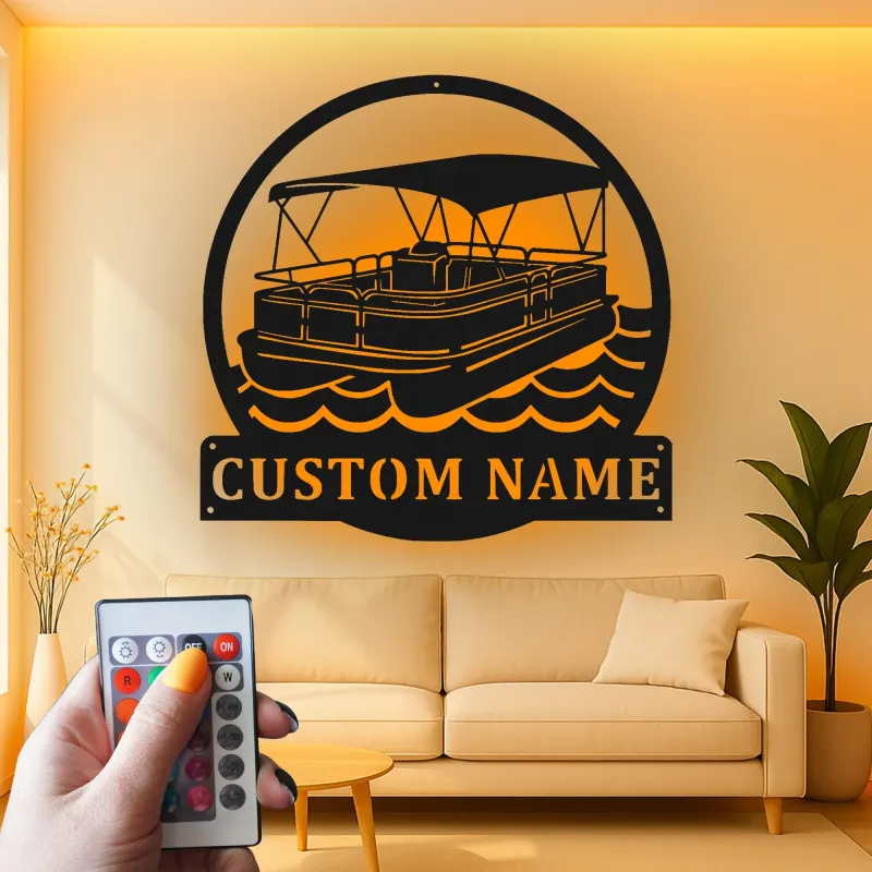 Cartel Personalizado de Barco Pontón | Arte Mural de Metal LED | Decoración Náutica Personalizada para Casa de Lago | Regalo para Propietario de Barco