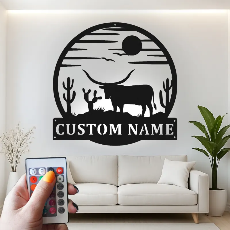Cartel LED Texas Longhorn | Arte mural de metal para rancho | Decoración rústica occidental para vaqueros