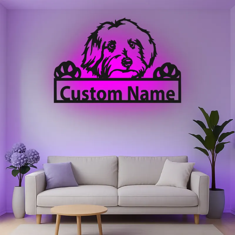 Cartel de metal personalizado con silueta de perro y luz LED, regalo para amantes de mascotas, decoración para salón