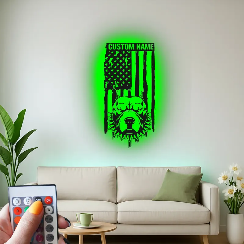 Custom Pitbull American Flag Led Light Metal Wall Art Personalized Dog Lover Gift Patriotic Home Decor
