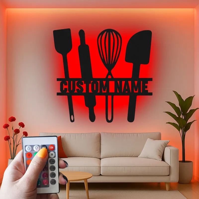Insegna in metallo personalizzata con luce LED a forma di Utensili da Cucina - Regalo per Chef - Decorazione Moderna per Cucina