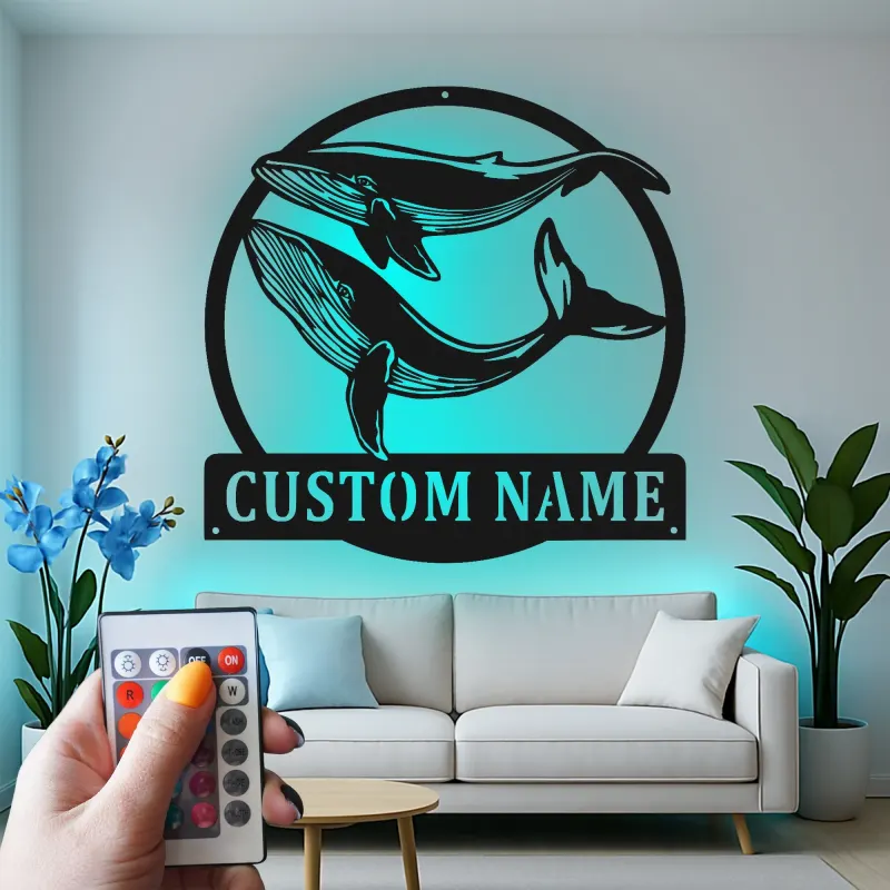 Custom Whale Pair Led Light Metal Wall Art Ocean Lover Gift Nautical Decor for Living Room