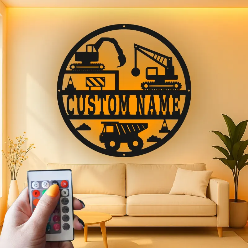 Custom Construction Site Led Light Metal Wall Art Personalized Gift for Kids Bedroom Decor for Little Builders