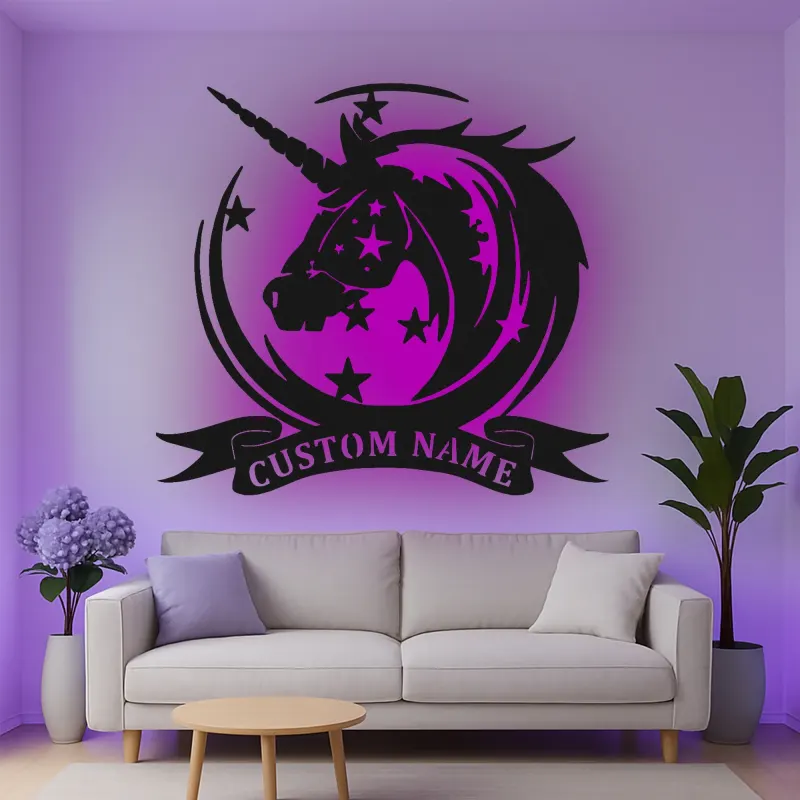 Cartel de metal LED personalizado de unicornio, regalo para decoración mágica de habitación infantil