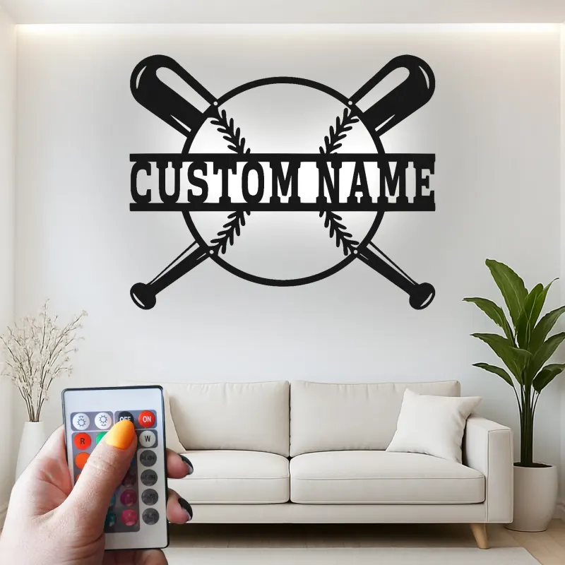 Insegna in metallo LED personalizzata con baseball - Regalo per appassionati di sport e decorazione per sala giochi
