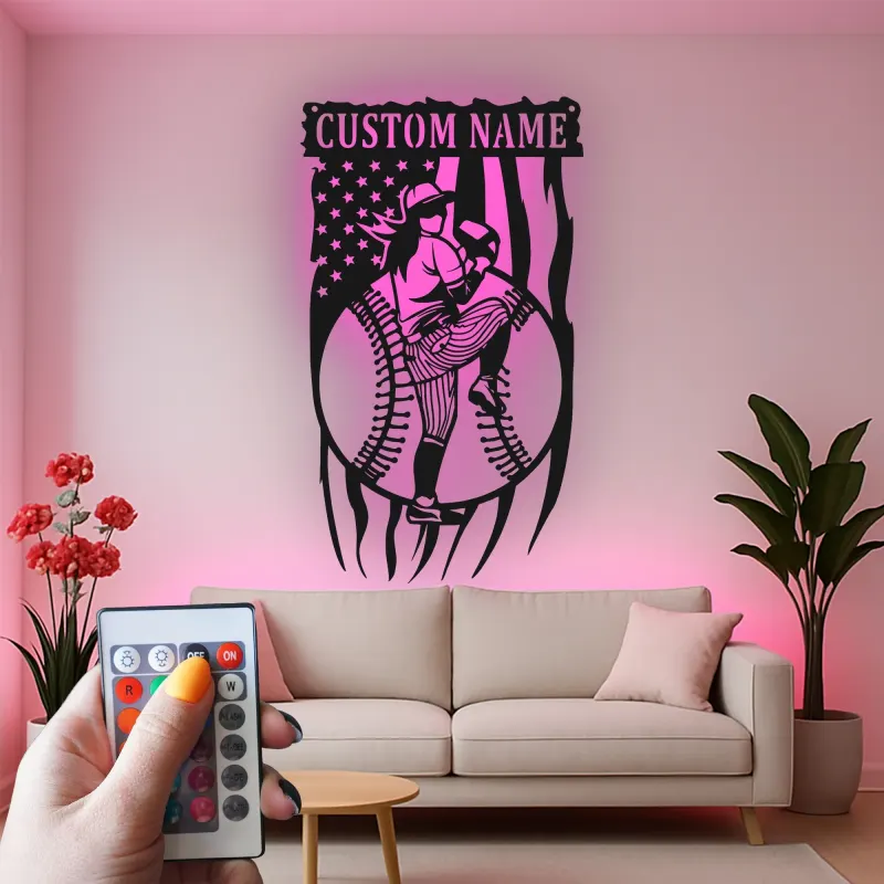 Décoration murale en métal personnalisée avec rétroéclairage LED pour lanceur de baseball - Cadeau sportif pour les fans de baseball