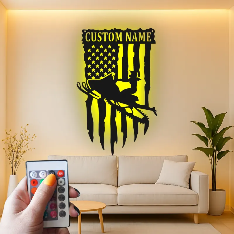 Custom Snowmobile Metal Sign | Personalized American Flag LED Wall Art | Patriotic Rider Gift | Man Cave & Garage Decor