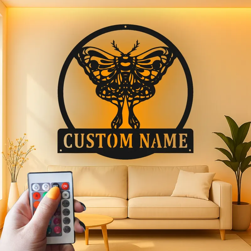 Cartel de metal LED con polilla, regalo personalizado para amantes de la naturaleza, decoración de dormitorio o sala de estar