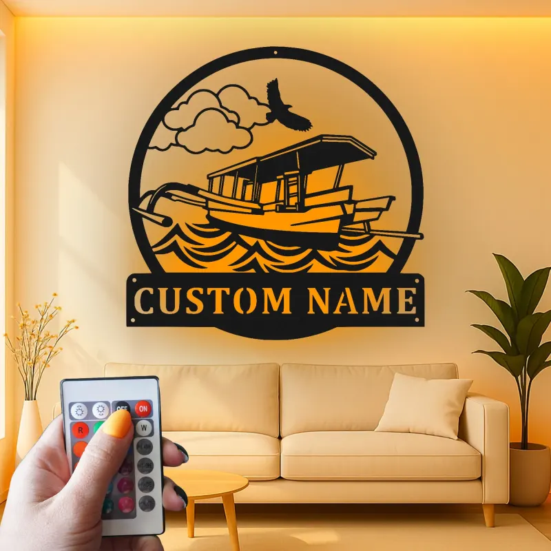 Insegna Personalizzata per Barca Pontoon con LED | Arte Murale in Metallo Personalizzata | Decorazione Nautica per Casa al Lago e Regalo per Naviganti