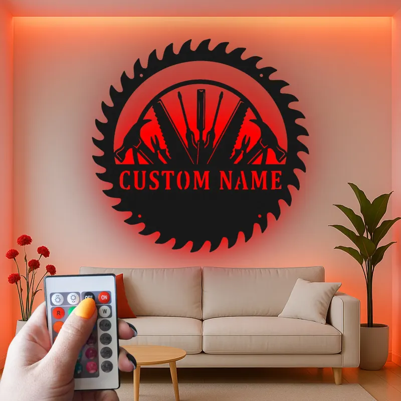 Décoration murale en métal personnalisée avec rétroéclairage LED en forme de lame de scie - Cadeau unique pour bricoleur, décoration de garage et d'atelier