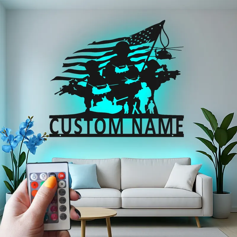 Soldier Silhouette Metal Sign | Custom Military Wall Art with LED | Patriotic Decor for Veterans