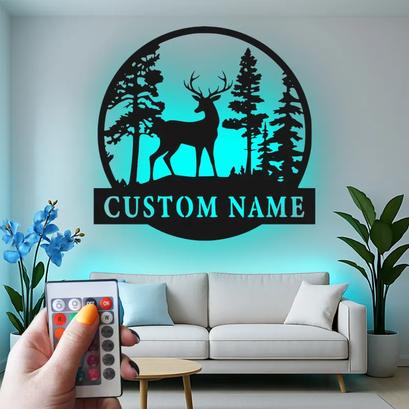 Insegna in metallo LED personalizzata con cervo e foresta, regalo per amanti della natura, decorazione rustica per soggiorno