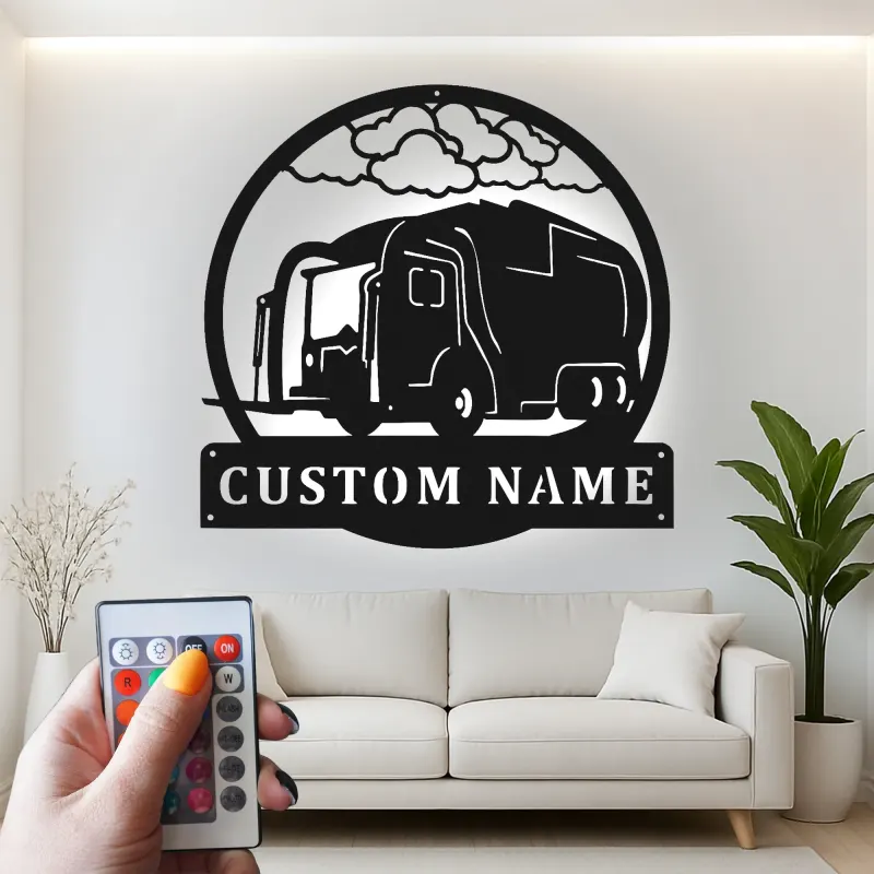 Personalisierte LED-Metall-Wandkunst mit Müllwagen – Einzigartiges Geschenk für Mitarbeitende der Abfallwirtschaft, Garagen- oder Bürodeko