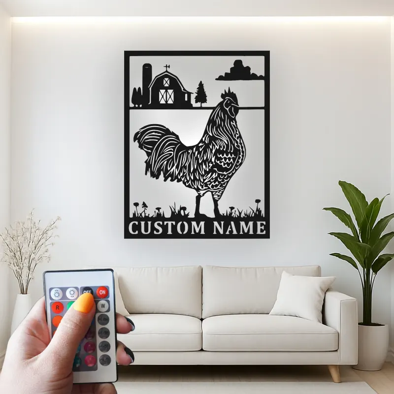 Panneau LED en métal personnalisé de coq | Art mural de cuisine de ferme moderne | Décor de grange rustique personnalisé