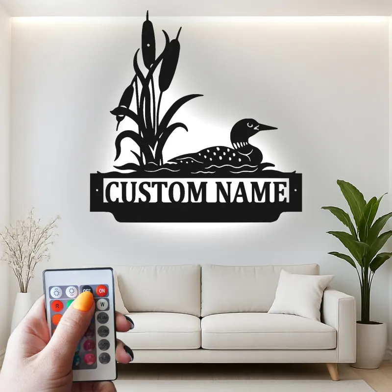 Panneau en métal Loon personnalisé | Décor de maison de lac rétroéclairé LED | Plaque de cabine personnalisée | Art mural sauvage rustique