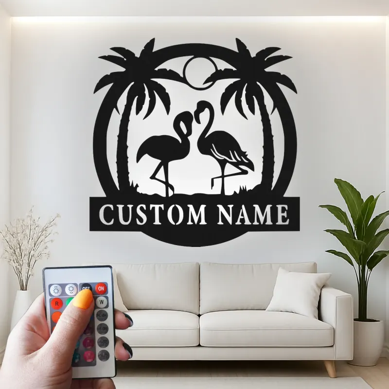 Insegna in metallo con fenicottero personalizzata e LED | Decorazione tropicale per casa al mare | Arte murale con nome per patio e soggiorno