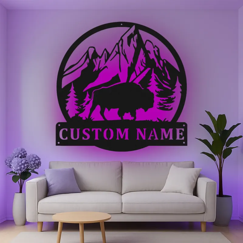 Cartel de metal LED personalizado de Bisonte y Montaña, regalo para amantes de la naturaleza, decoración rústica de cabaña 1