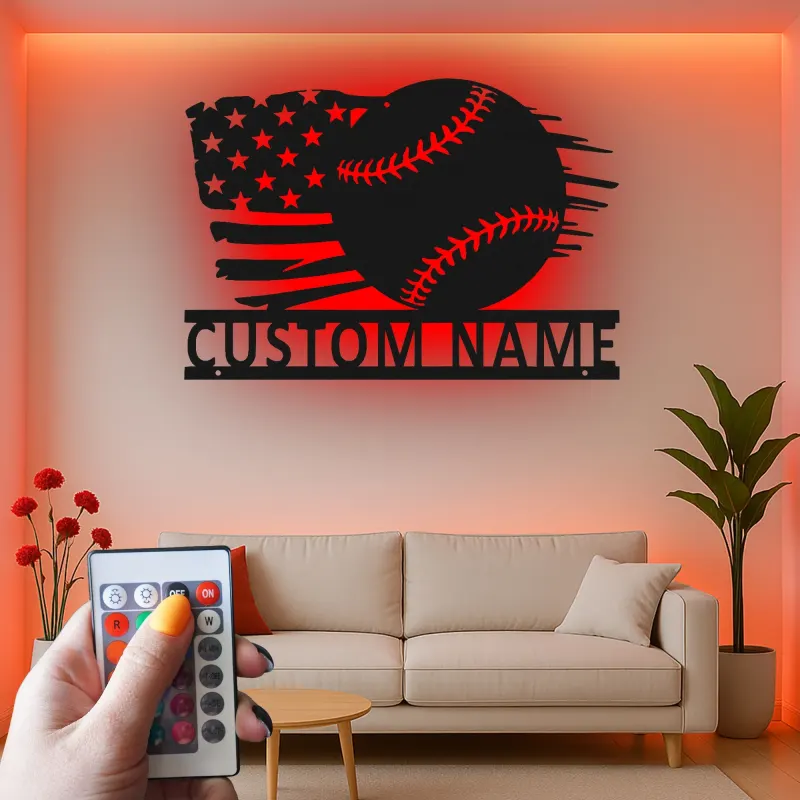Insegna in metallo personalizzata con luce LED bandiera americana per baseball, regalo sportivo per fan del baseball, decorazione per sala giochi