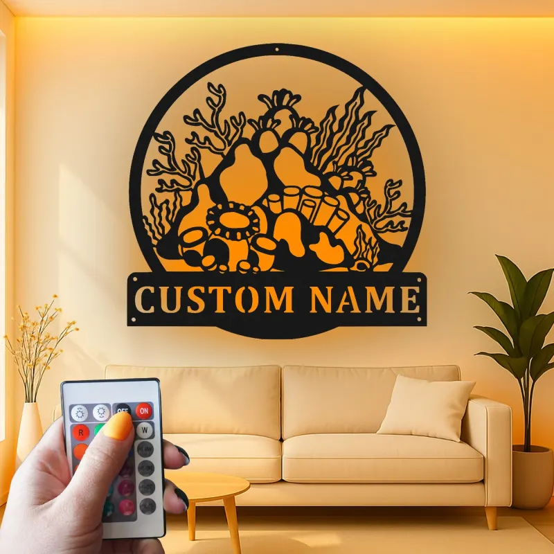 Cartel de metal personalizado con luz LED de arrecife de coral, regalo personalizado para amantes del océano, decoración náutica para casa de playa