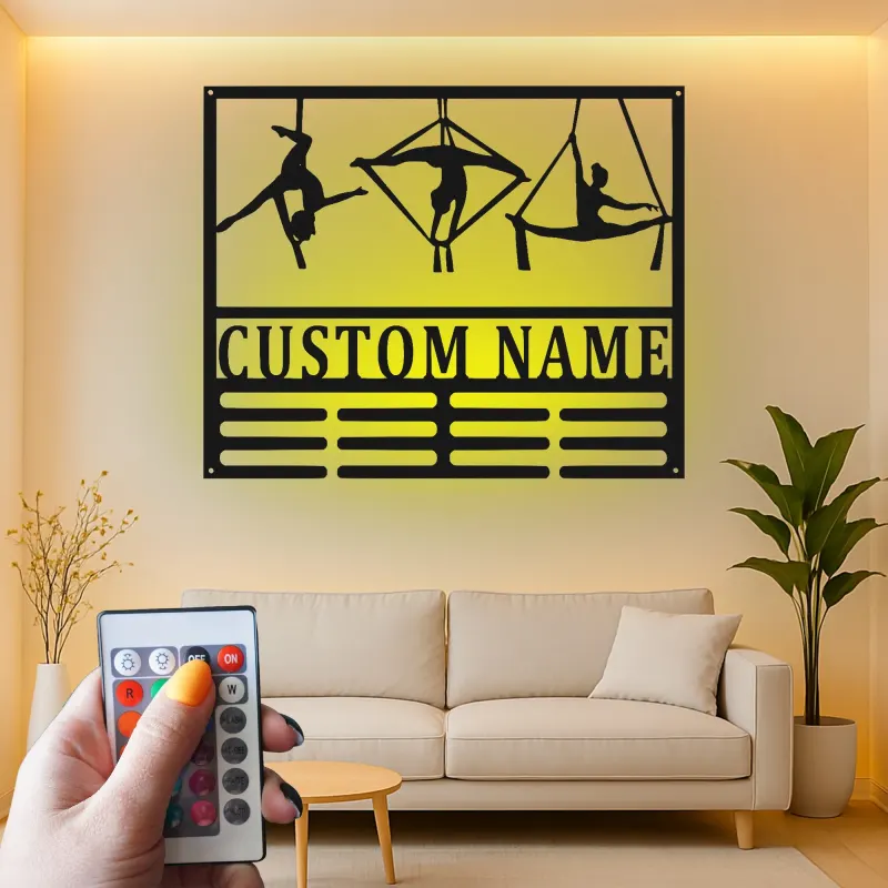 Insegna in metallo personalizzata con silhouette aerea e luce LED - Regalo per ginnasti, decorazione per studio o casa