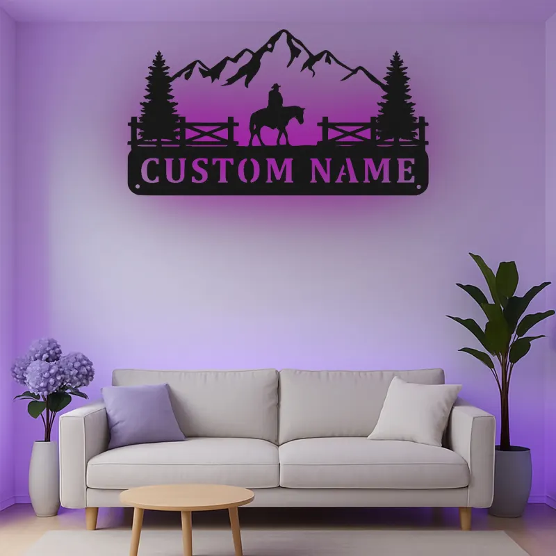 Custom Cowboy Mountain Scene Led Light Metal Wall Art Personalized Western Gift Rustic Home Decor