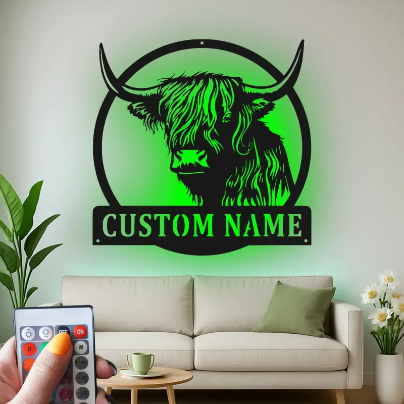 Highland Cow LED Metal Wall Art | Custom Ranch Sign | Personalized Farmhouse Decor Gift for Home & Business