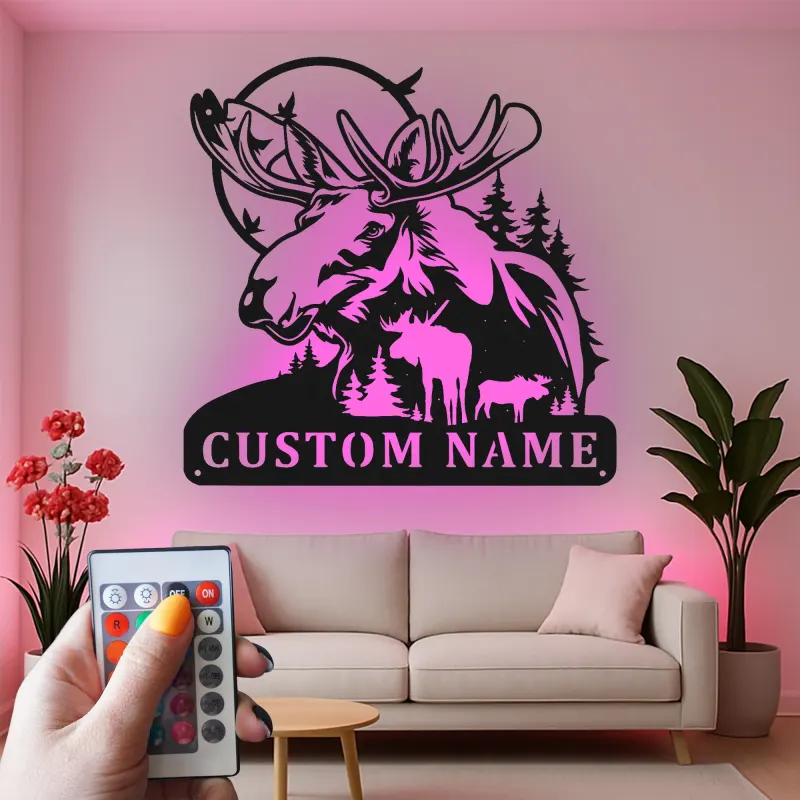 Custom Moose Family LED Metal Sign | Personalized Wildlife Wall Art | Rustic Cabin Decor for Nature Lovers & Hunters