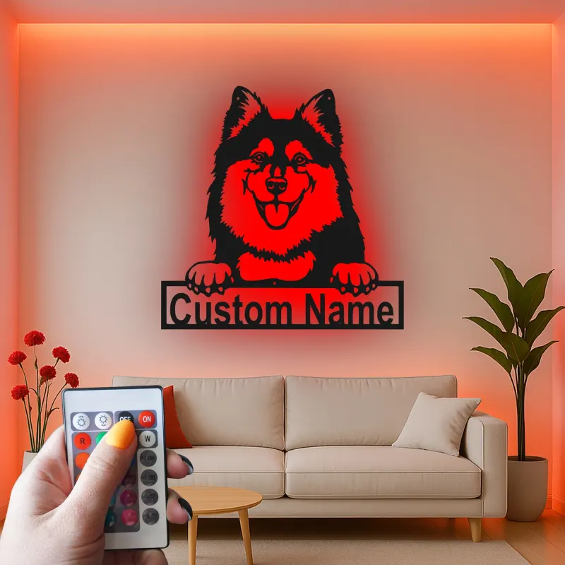 Décoration murale en métal personnalisée avec éclairage LED pour amoureux des chiens - Lapphund finlandais