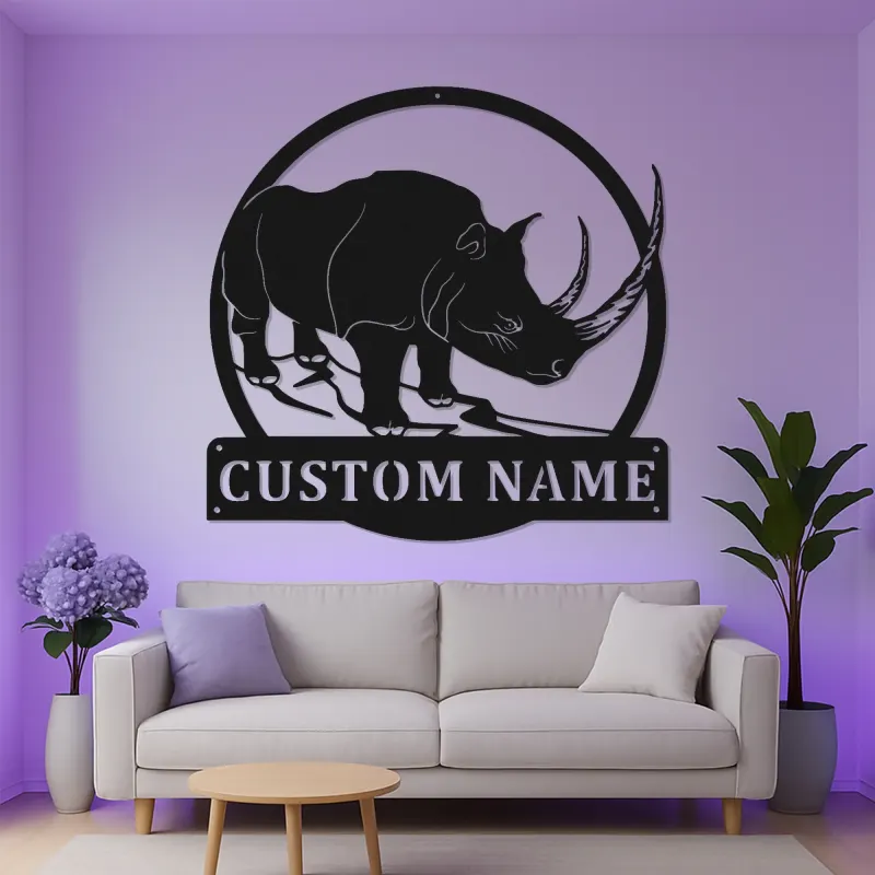 Arte Murale in Metallo LED con Rinoceronte Personalizzato | Insegna Safari con Nome per Soggiorno | Decorazione Faunistica Retroilluminata per Ufficio e Amanti degli Animali