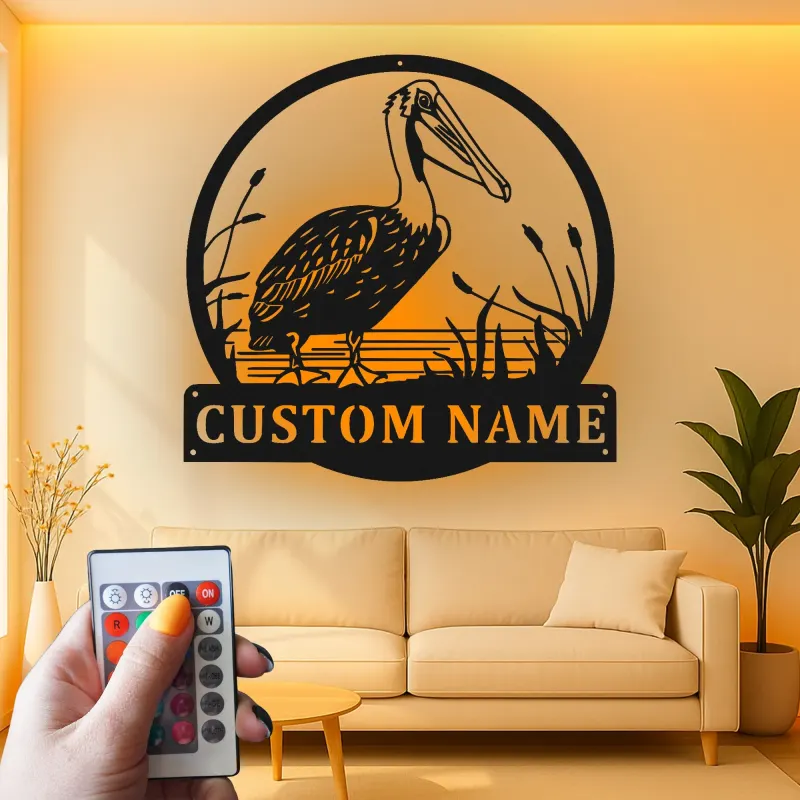 Custom Pelican Metal Sign | LED Light Coastal Wall Art | Personalized Beach House Decor | Nautical Bird Gift