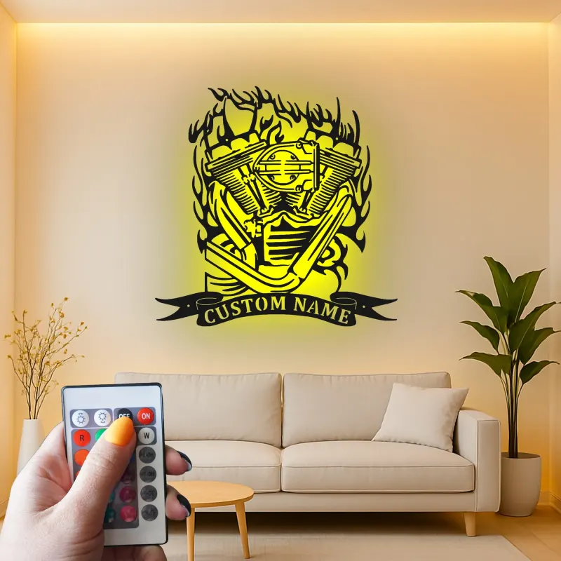 Arte LED in metallo con motore V-Twin | Insegna motociclistica personalizzata per garage | Targa biker su misura | Decorazione per man cave