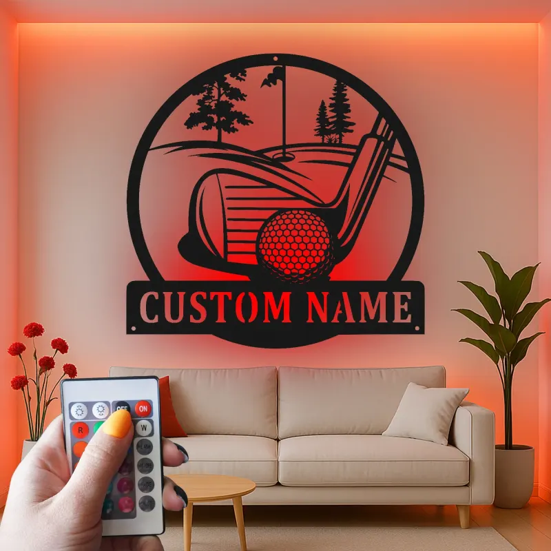 Cartel de golf personalizado con luces LED | Decoración mural de metal a medida | Decoración con nombre de golfista para sala de juegos y bar en casa