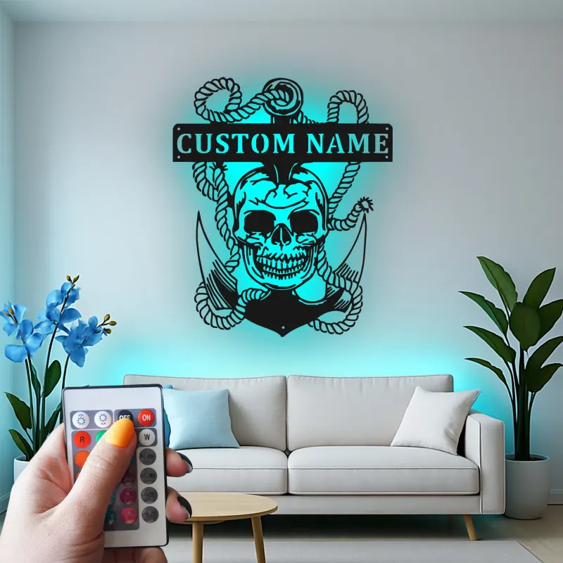 Insegna LED Teschio Pirata con Ancora | Arte Murale in Metallo Personalizzata | Decorazione Nautica per Man Cave e Regalo Personalizzato per Marinai