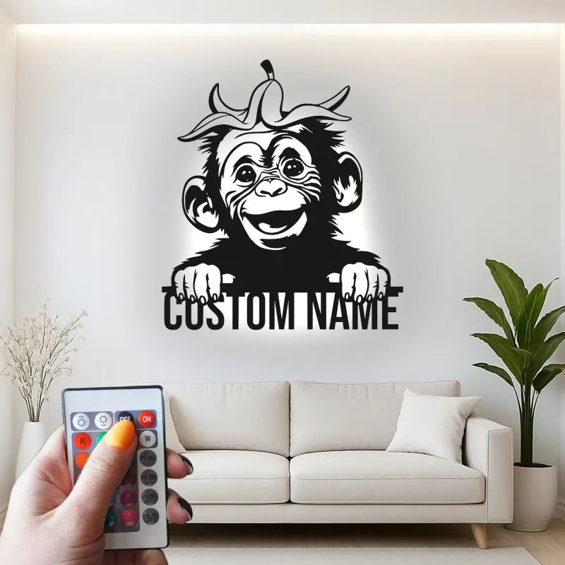 Personalisierte Schimpansen Namensschild | LED Metall-Wandkunst | Lustiges Affenlicht für Kinderzimmer & Babyzimmer | Individuelle Tierdekoration
