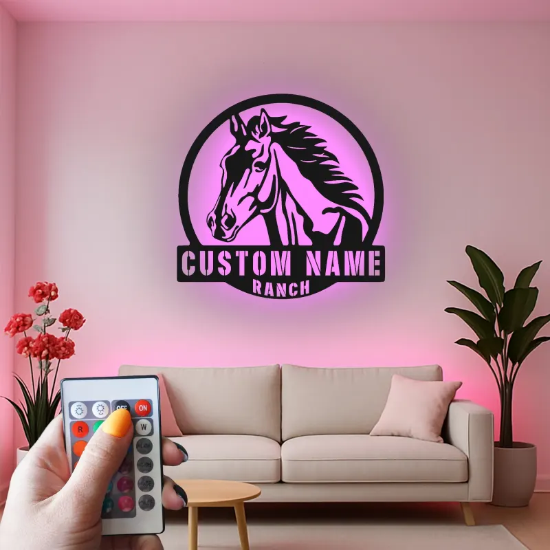 Cartel LED personalizado para rancho con caballo | Decoración mural de metal personalizada | Regalo ecuestre para amantes de los caballos | Decoración para la entrada del establo