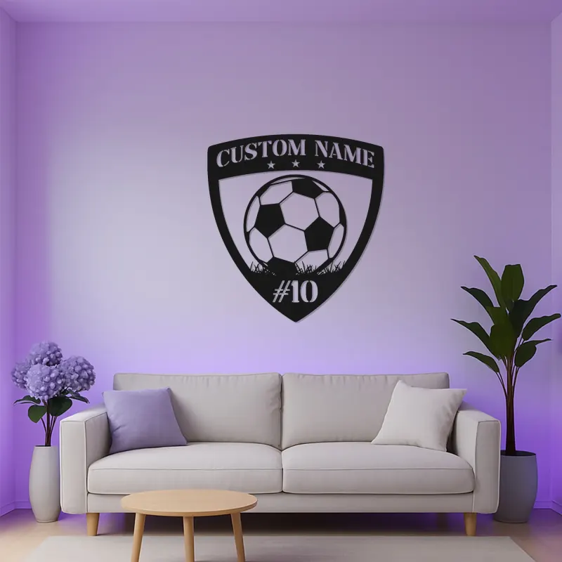 Cartel LED de escudo de fútbol personalizado | Arte mural de metal personalizado para habitación de niños | Regalo de decoración deportiva con nombre y número de jugador