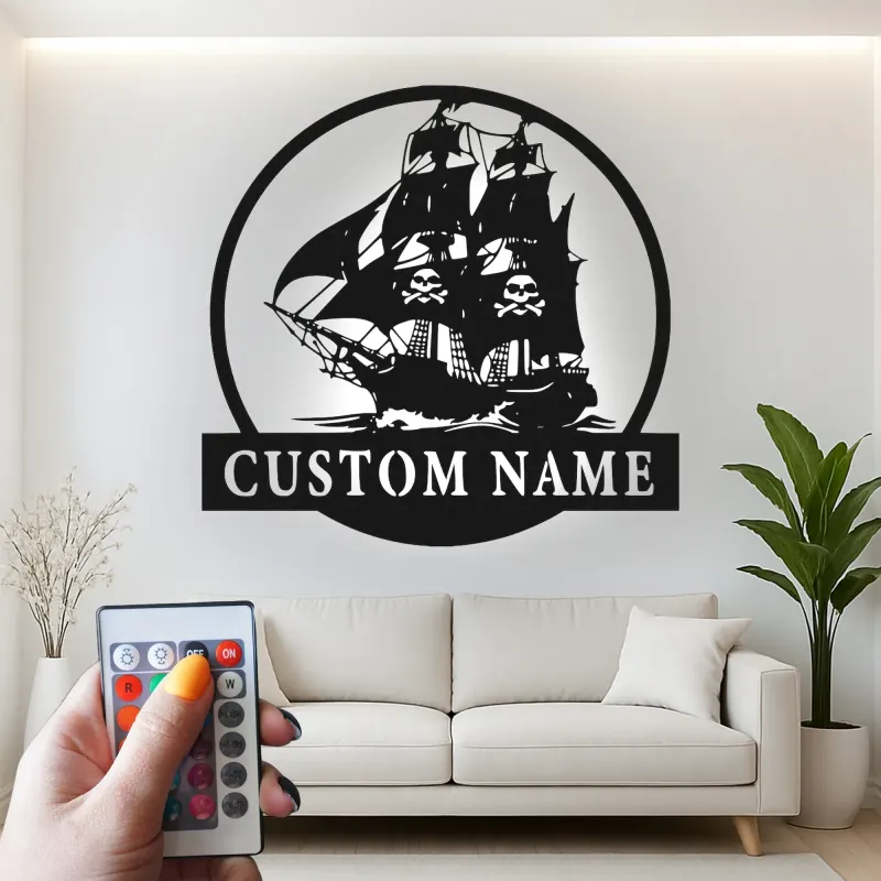 Insegna LED Nave Pirata | Arte Murale Nautica con Nome Personalizzato | Decorazione Man Cave e Regalo per Marinai