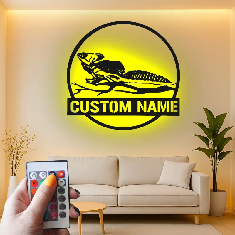 Insegna LED in metallo con lucertola dal collare | Arte murale personalizzata con nome per rettili | Decorazione con sagoma animale esotico per casa e attività
