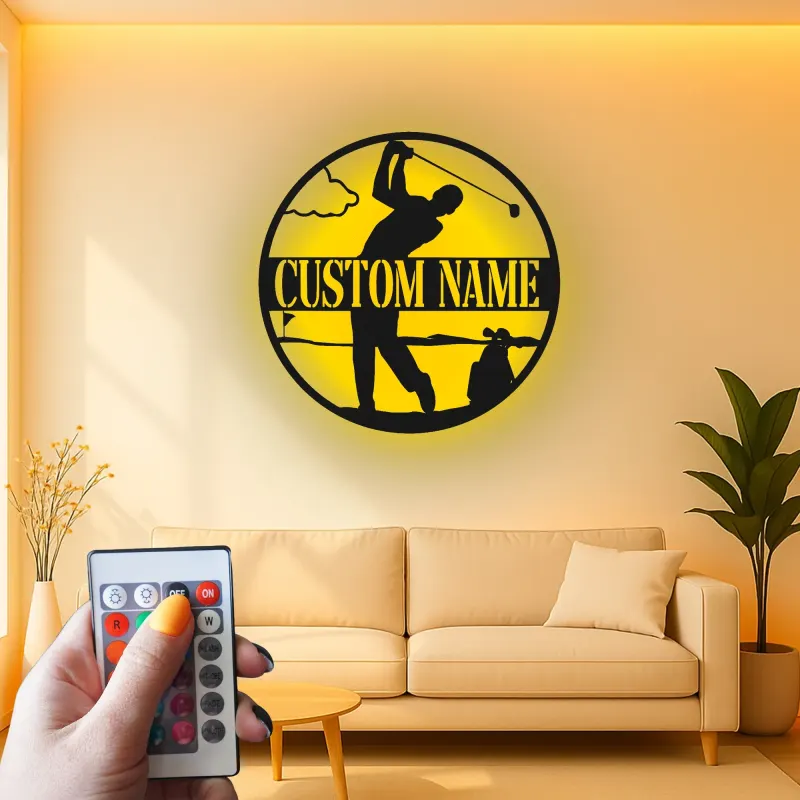 Personalized Golfer Metal Sign | LED Lighted Golf Wall Art | Custom Name Decor for Man Cave & Office Gift