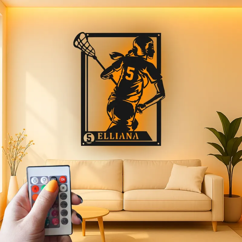 Custom Lacrosse Player Led Light Metal Wall Art Personalized Gift for Lacrosse Enthusiasts Game Room Sports Decor