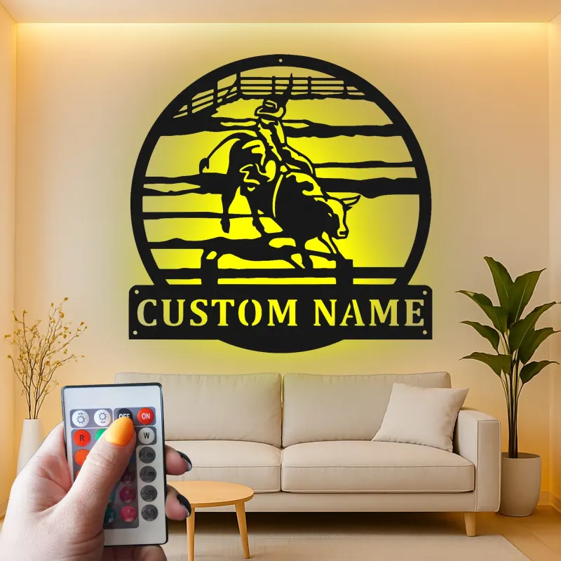 Arte de metal de jinete de toro de rodeo | Cartel LED de vaquero personalizado | Decoración y regalo de rancho western personalizado