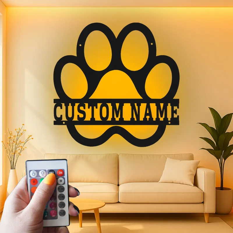 Cartel LED de huella de perro personalizado | Arte mural de metal | Decoración iluminada de nombre de mascota | Regalo para mamá perra | Acento de sala de estar