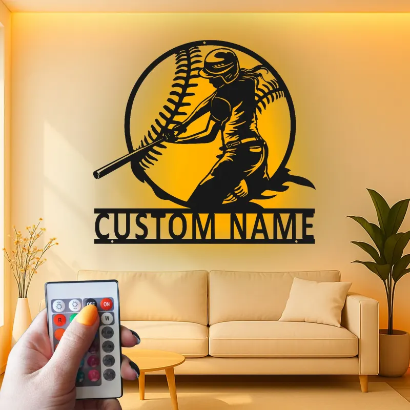 Cartel de metal personalizado de jugadora de softball | Arte mural LED para habitación de chicas | Decoración deportiva con nombre personalizado | Regalo para atleta femenina
