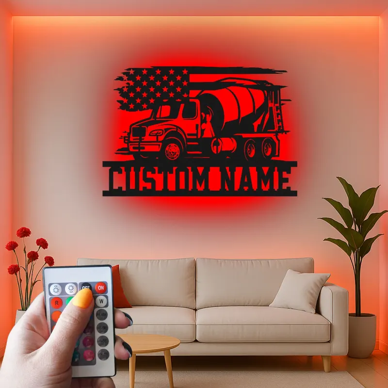 Insegna in metallo personalizzata con luce LED a forma di camion betoniera regalo per lavoratori edili decorazione per garage o ufficio