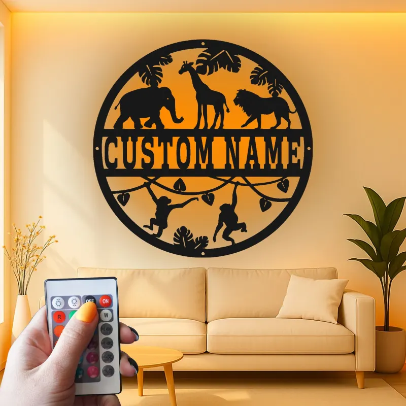 Insegna con Nome Safari Personalizzata | Arte da Parete in Metallo LED per Nursery | Decorazione per Stanza dei Bambini a Tema Giungla | Regalo per Baby Shower Personalizzato