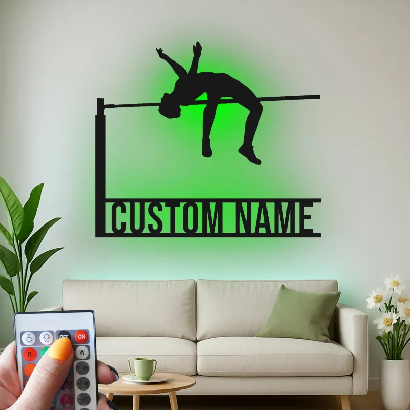 Personalisierte Hochsprung Metall-Wandkunst | Individuelles LED-Schild für Athleten | Geschenk für Leichtathletik-Dekor