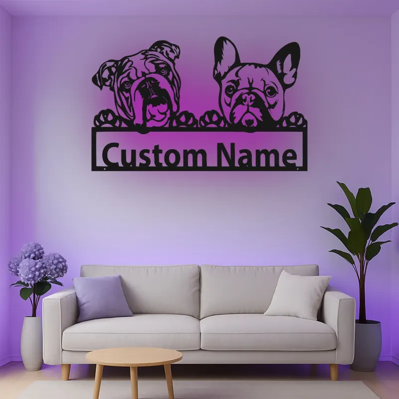 Cartel de metal LED personalizado de Bulldog y Bulldog Francés, regalo para amantes de los perros, decoración para la sala de estar