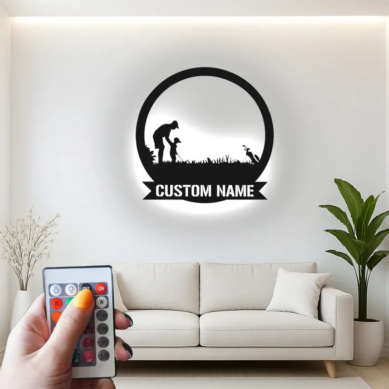 Arte da parete LED in metallo da golf personalizzata | Insegna personalizzata padre e figlio | Regalo per papà golfista | Decorazione man cave e home bar