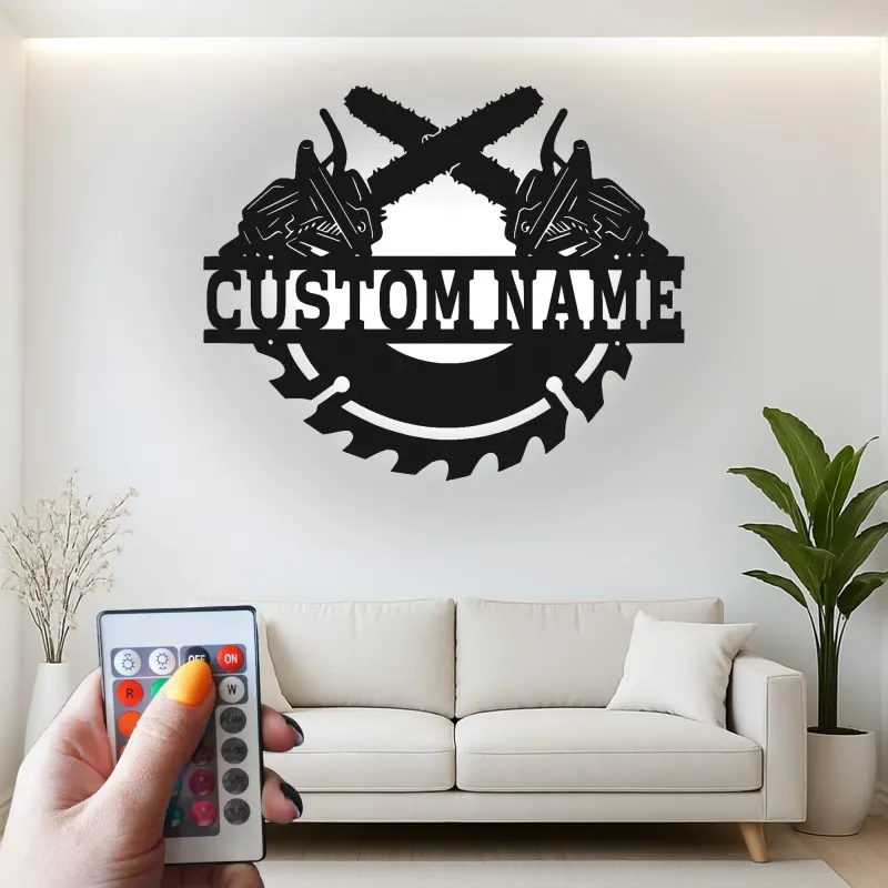 Insegna in metallo personalizzata con luce LED a forma di motosega e lama di sega, regalo unico per falegnami